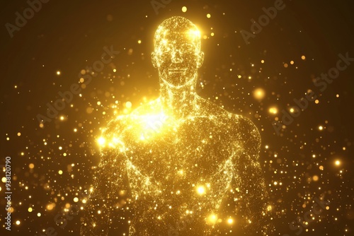 Glowing Human Figure Composed of Digital Particles Representing the Energy Connection and Dynamic Interaction of the Modern Digital Age