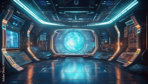 A futuristic space station with a large screen in the middle