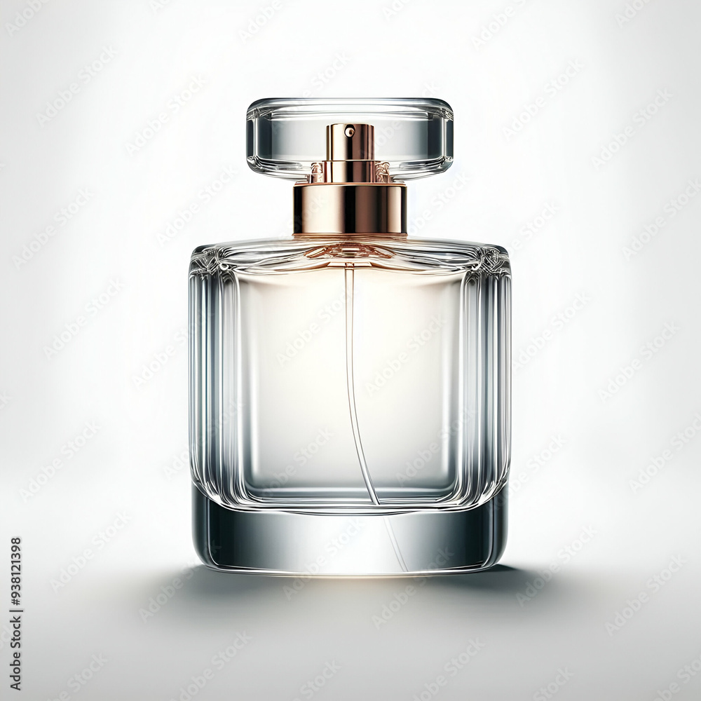 Elegante flacone di profumo in vetro trasparente con dettagli dorati Elegante flacone di profumo in vetro trasparente con dettagli dorati