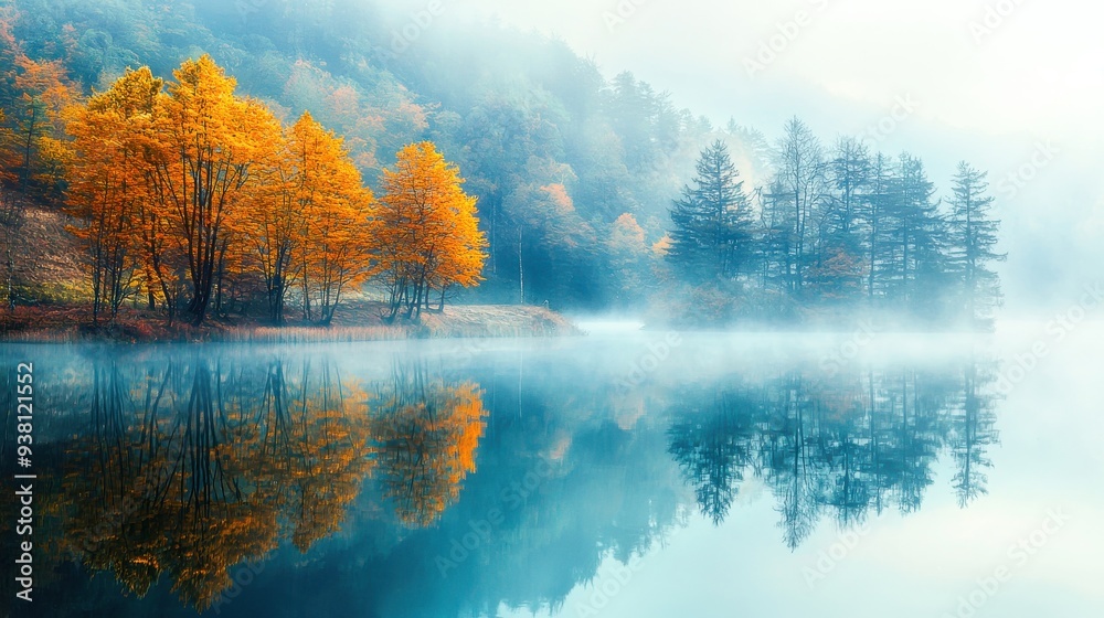 A misty morning by the lake reflects surrounding autumn trees, with fog adding a mystical quality to the tranquil landscape. A misty morning by the lake reflects surrounding autumn trees, with fog adding a mystical quality to the tranquil landscape.