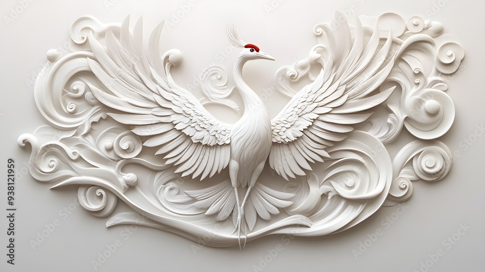 79. **A detailed 3D render of a ceramic tile art depicting a majestic crane with elegant tile designs, isolated on a white background
