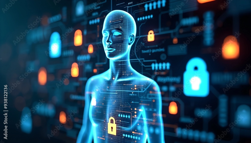 Abstract Digital Privacy Representation - Transparent Human Figure with Encryption Symbols and Glowing Locks on Cyber-Themed Background Abstract Digital Privacy Representation - Transparent Human Figure with Encryption Symbols and Glowing Locks on Cyber-Themed Background