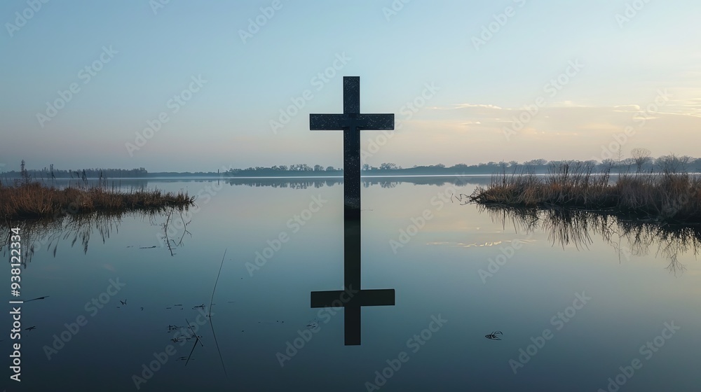 A cross reflects in still water amidst a natural landscape, with reeds and grass framing the scene, creating a peaceful, serene, and contemplative atmosphere under a clear sky. A cross reflects in still water amidst a natural landscape, with reeds and grass framing the scene, creating a peaceful, serene, and contemplative atmosphere under a clear sky.