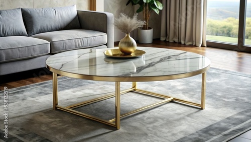 A sleek, modern marble centre table with rounded edges and subtle veining sits atop slender metal legs, perfect for upscale living room decor. photo