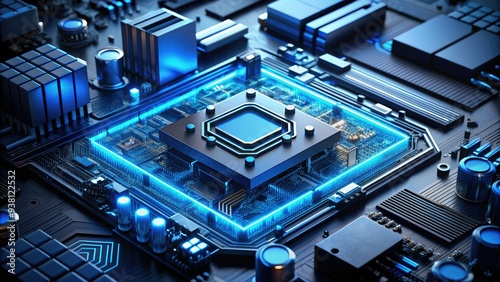 A sleek, modern motherboard with glowing blue circuits and intricate components, surrounded by various tech gadgets and devices with a subtle logo in the corner. photo