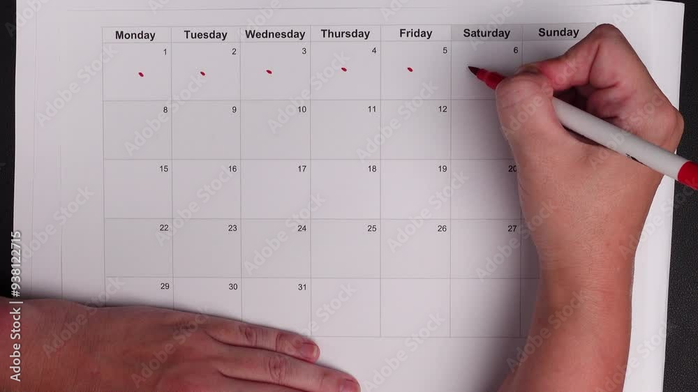 Hand draws red drops on the calendar, then places a red checkmark in a circle - concept of menstrual cycle tracking, ovulation, and pregnancy planning