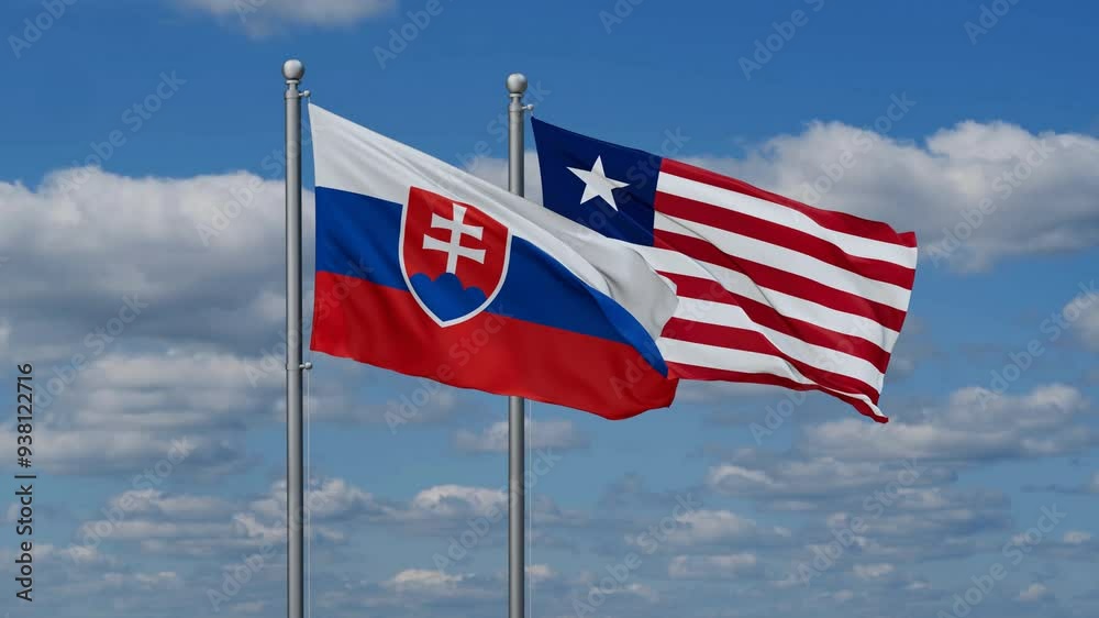 Liberia and Slovakia flags flying together, video concept of the relationship, two country cooperation concept Liberia and Slovakia flags flying together, video concept of the relationship, two country cooperation concept