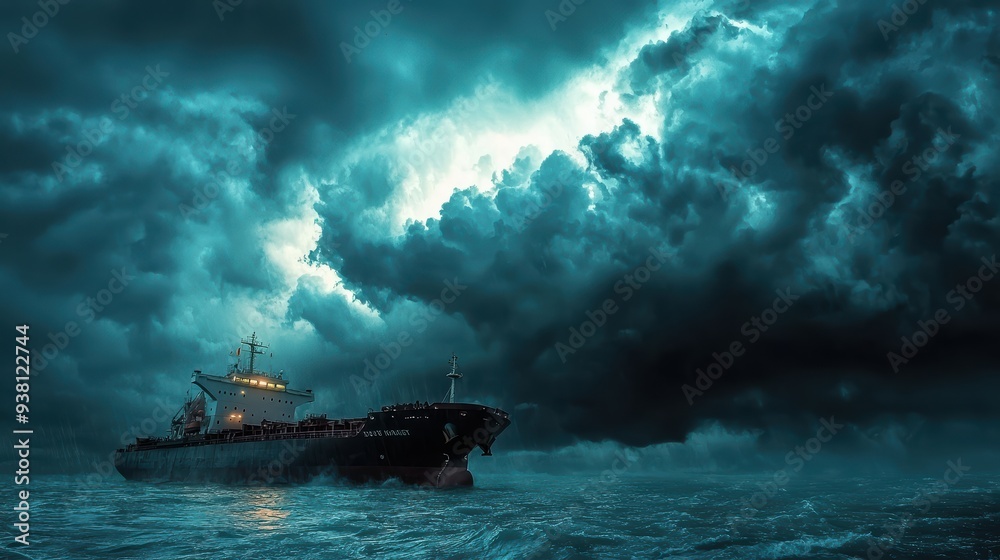 Fototapeta premium A large cargo ship navigates through turbulent waters under dramatic sky filled with dark, ominous clouds, evoking sense of adventure and danger. 