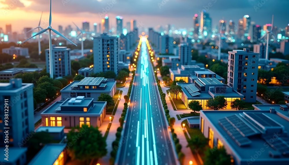 Obraz premium Energy-Efficient Smart City Powered by Renewable Sources - Solar Panels, Wind Turbines, and Smart Grids with Glowing Data Lines