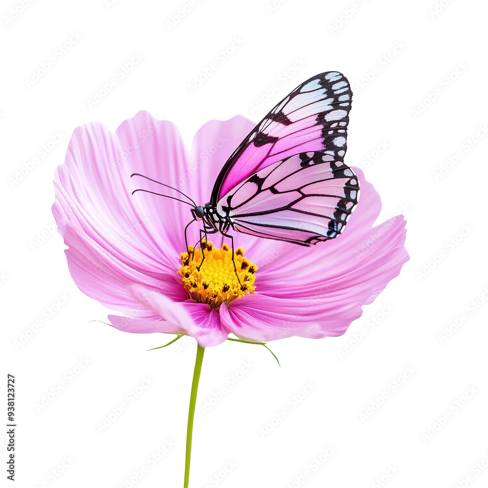 A vibrant butterfly sitting on a pink flower, showcasing nature's beauty and the harmony between flora and fauna. A vibrant butterfly sitting on a pink flower, showcasing nature's beauty and the harmony between flora and fauna.
