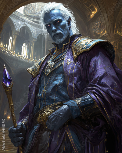 a powerful drow sorcerer with white hair and glowing red eyes holding a staff with a purple crystal, standing in a grand cathedral illuminated by candlelight