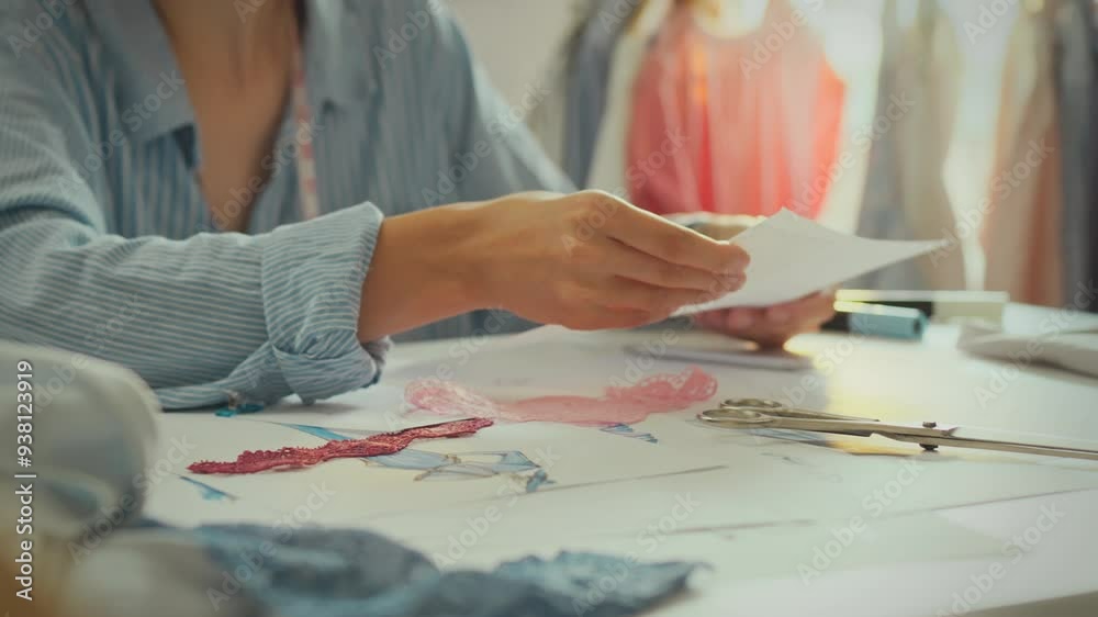 Fashionable girl designer analyzing trends chooses a sketch from paper sketches in a haute couture studio. Designer sorts through various ideas tracks fashion trends and tendencies, handwork Fashionable girl designer analyzing trends chooses a sketch from paper sketches in a haute couture studio. Designer sorts through various ideas tracks fashion trends and tendencies, handwork