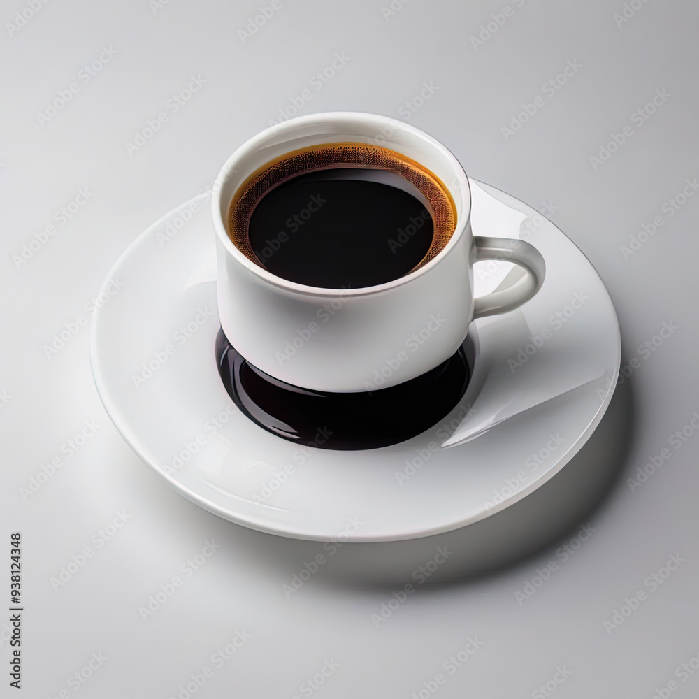 A white coffee cup with black coffee on a white saucer. A white coffee cup with black coffee on a white saucer.