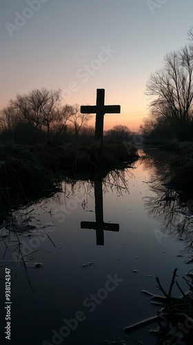 A cross stands by the water reflecting in its surface during sunset, surrounded by bare trees and dusky skies, depicting a peaceful and solitary moment.