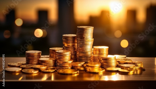 A pile of gold coins on a table with a city background