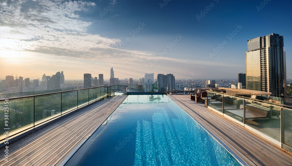 Fototapeta premium A pool on the roof of a building with a view of the city
