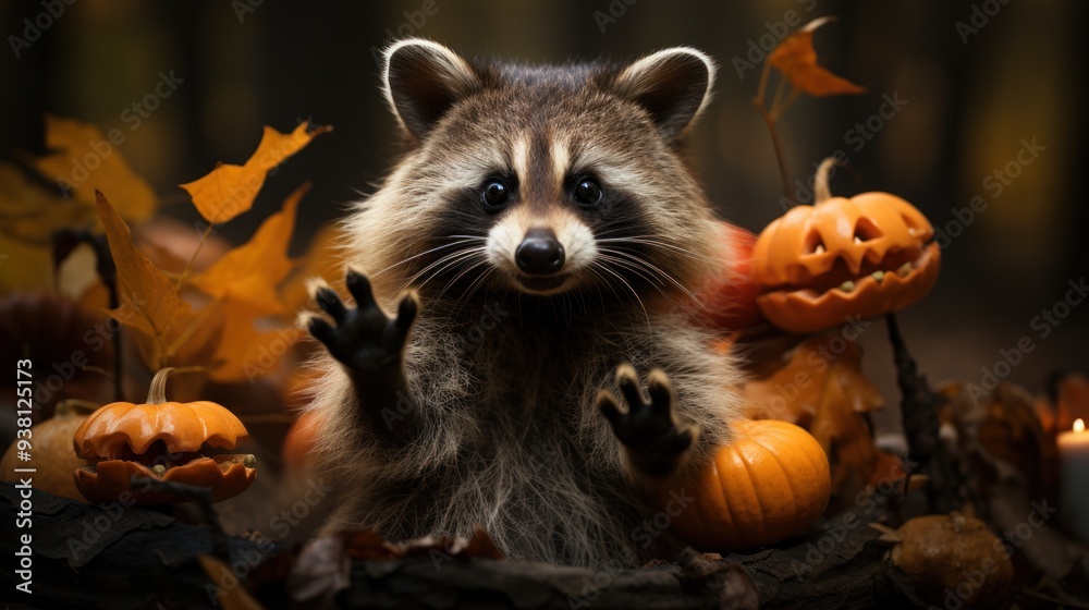 Obraz premium Cute Raccoon Among Pumpkins