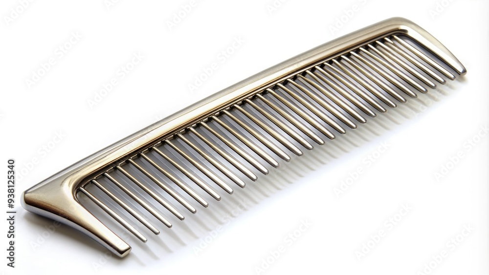 A slender, shiny metal comb lies on a white background, its delicate teeth splayed wide, awaiting to tame and style a tangled mane of hair. A slender, shiny metal comb lies on a white background, its delicate teeth splayed wide, awaiting to tame and style a tangled mane of hair.