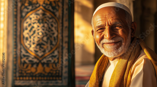 Portrait of an old Muslim man in mosque with copy space, golden hour sunlight falling.