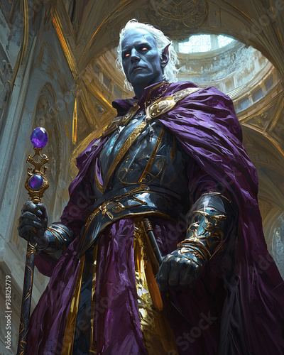 a drow sorcerer with white hair and glowing red eyes holding a staff with a purple orb, standing in a grand hall with ornate golden columns photo