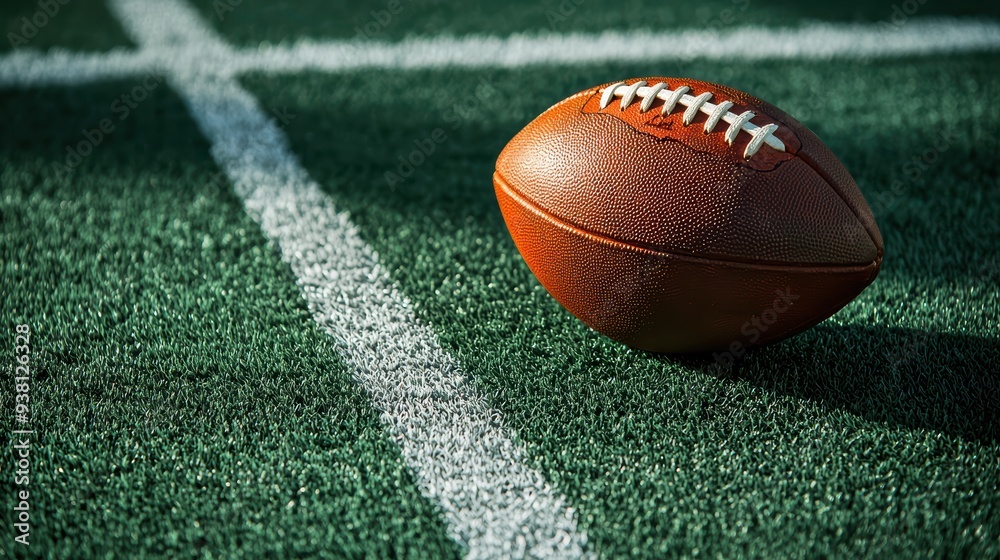 A close up of football resting on green turf field, symbolizing excitement of game. balls texture and field lines create dynamic sports atmosphere. A close up of football resting on green turf field, symbolizing excitement of game. balls texture and field lines create dynamic sports atmosphere.