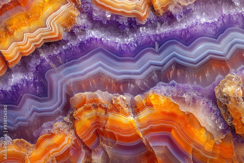 Closeup of cross section of agate crystal from malawi with fine textured background with distinct vibrant orange and violet color wavy lines with tiny molecules of minerals , ai Closeup of cross section of agate crystal from malawi with fine textured background with distinct vibrant orange and violet color wavy lines with tiny molecules of minerals , ai