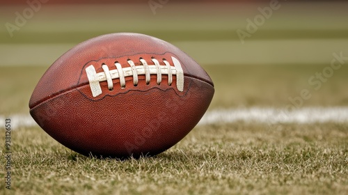 A close up of football resting on grass, symbolizing excitement of game. 