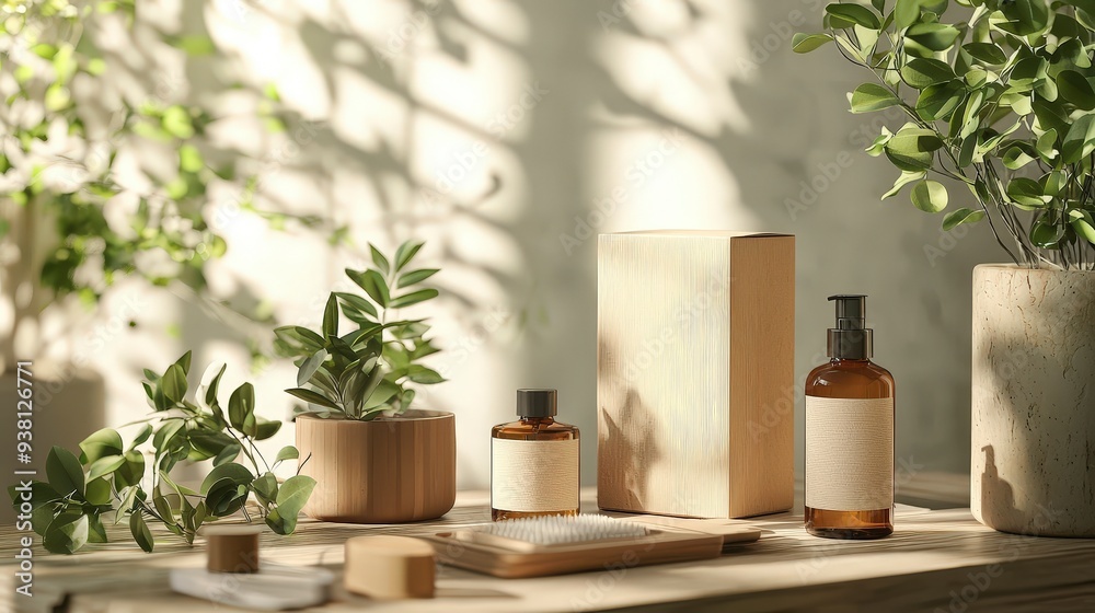 Natural beauty products on wooden table with plants and sunlight. Natural beauty products on wooden table with plants and sunlight.