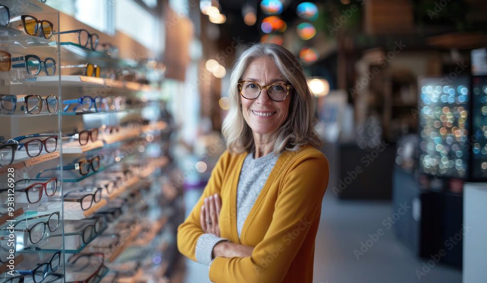 Smiling mature Caucasian woman trying on glasses while standing in front of a display of various eyeglass frames in an optometry store. Smiling mature Caucasian woman trying on glasses while standing in front of a display of various eyeglass frames in an optometry store.