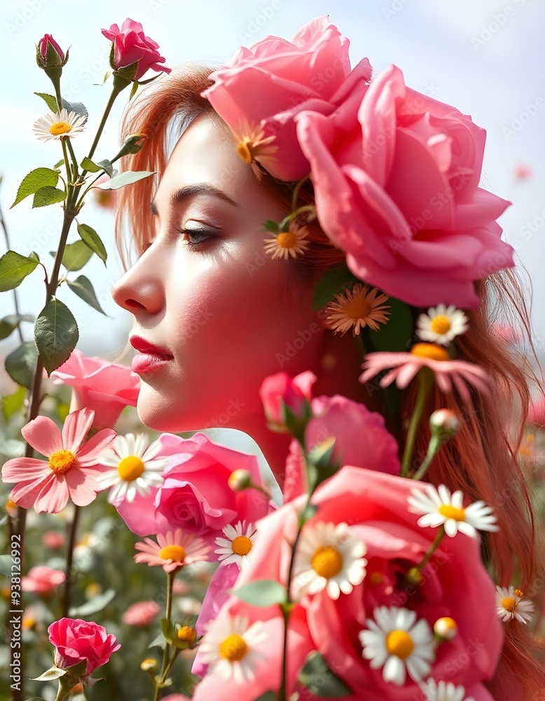 Double Exposure of Woman and Blossoming Flowers Double Exposure of Woman and Blossoming Flowers
