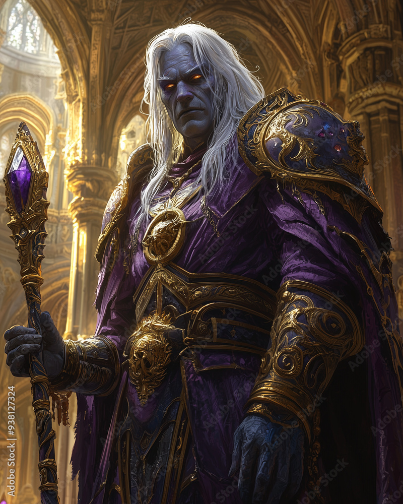 Obraz premium a powerful drow mage with long white hair and glowing red eyes holding a staff with a purple crystal, wearing ornate gold armor, standing in a grand cathedral