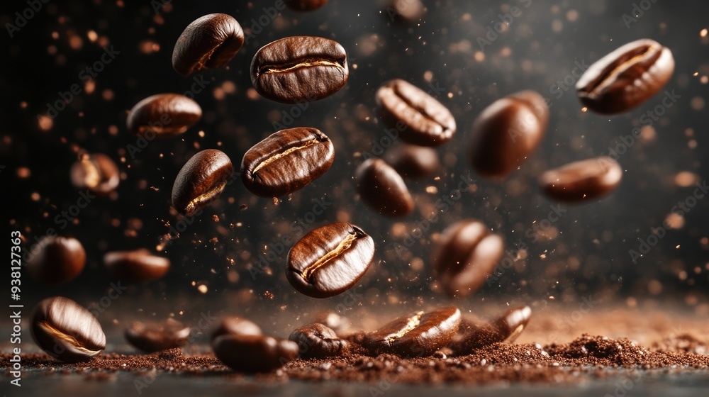 Close-Up View of Coffee Beans Falling on Dark Surface Close-Up View of Coffee Beans Falling on Dark Surface