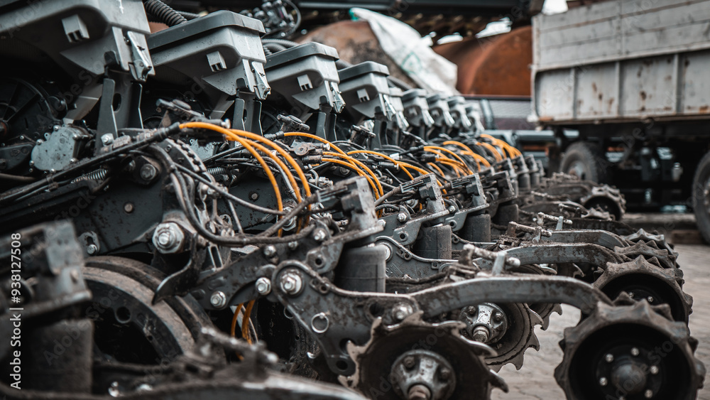 Agricultural Machinery. Close-up view of agricultural machinery components, focusing on the mechanical parts and hydraulic systems.