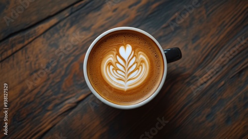 Warm Cappuccino with Latte Art on Rustic Wood