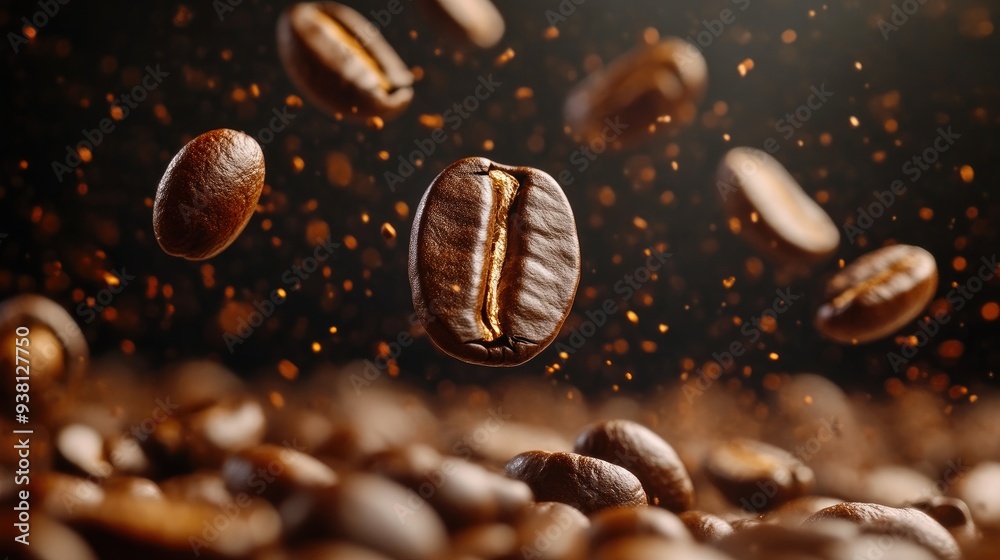 Coffee Beans Cascading Down on a Dark Surface Background Coffee Beans Cascading Down on a Dark Surface Background