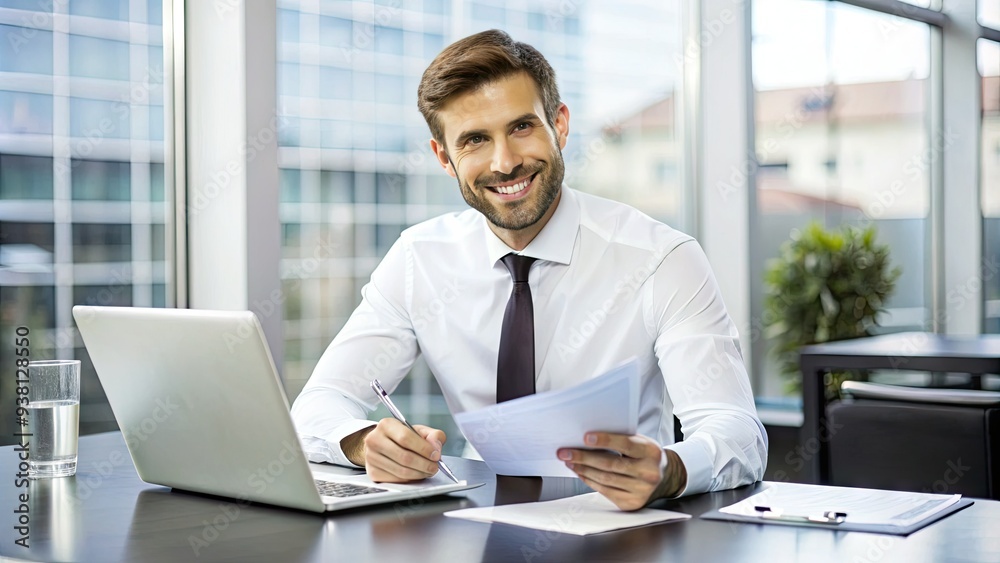 A smiling professional in a white shirt and tie sits at a desk, holding a policy document and pen, surrounded by papers and a laptop. A smiling professional in a white shirt and tie sits at a desk, holding a policy document and pen, surrounded by papers and a laptop.