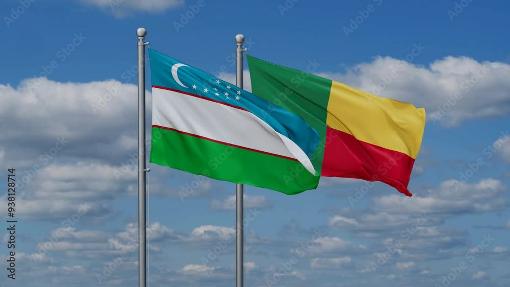 Uzbekistan and Benin flags flying together, video concept of the relationship Uzbekistan and Benin flags flying together, video concept of the relationship