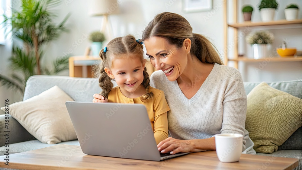 A smiling woman and little girl sit together in front of a laptop, engaged in a joyful video conversation with a loved one far away. A smiling woman and little girl sit together in front of a laptop, engaged in a joyful video conversation with a loved one far away.