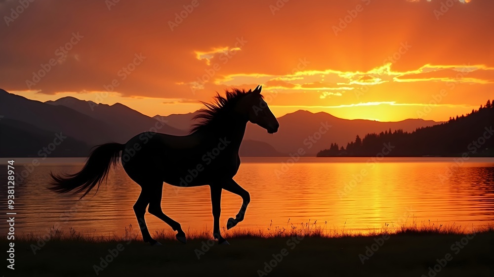 Silhouette of a horse trotting at sunset by a lake Silhouette of a horse trotting at sunset by a lake