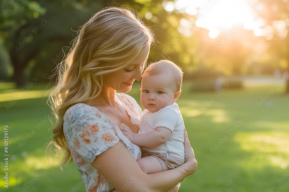 A young mother cradles her baby in the soft glow of the setting sun, capturing the tender bond between parent and child in a serene, heartwarming moment. A young mother cradles her baby in the soft glow of the setting sun, capturing the tender bond between parent and child in a serene, heartwarming moment.