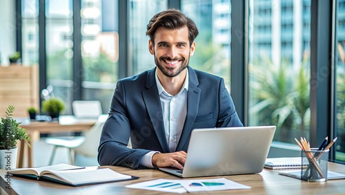 A smiling young professional sits at a desk surrounded by laptops, documents, and charts, analyzing financial data with a confident and focused expression.