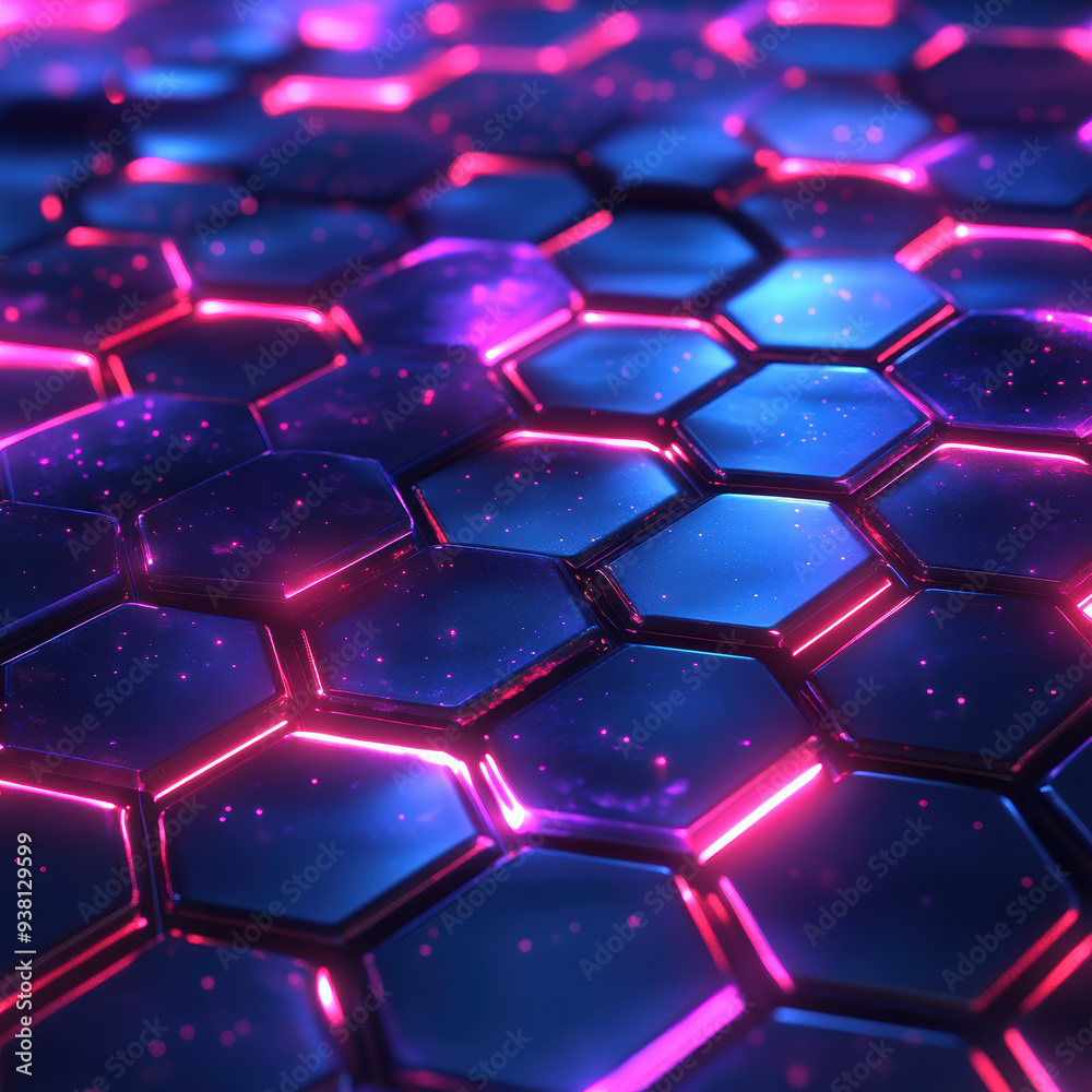 A blue and pink background with a pattern of hexagons