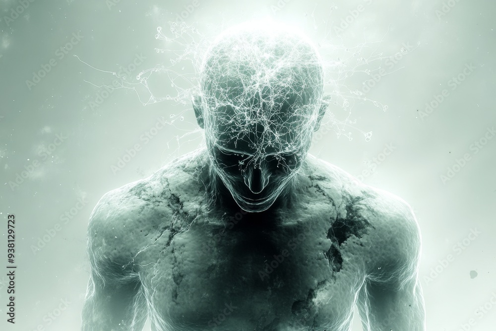 Fototapeta premium Abstract Depiction of a Human Figure with Glowing Neural Networks Representing the Intersection of Technology and Human Cognition in a Futuristic Setting