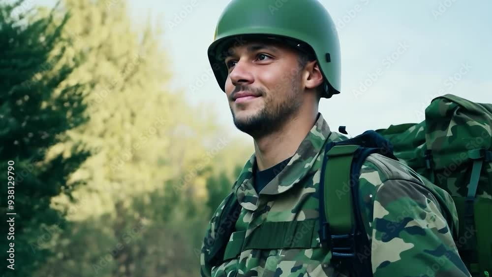Handsome soldier smiling and walking in the forest Handsome soldier smiling and walking in the forest