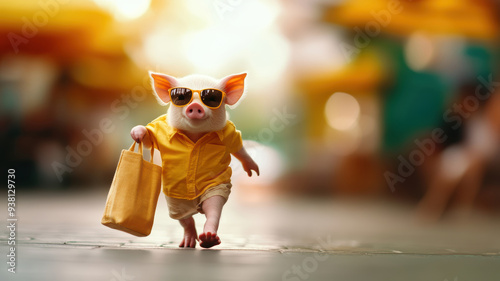 Wallpaper Mural A pig wearing sunglasses and a yellow shirt is walking down the street with a shopping bag. The image has a playful and lighthearted mood, as the pig is dressed up in a human-like outfit Torontodigital.ca