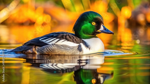 A solitary common goldeneye duck swims in a serene forest pond, its bright yellow eyes and iridescent green head feathers glistening in the morning light. photo