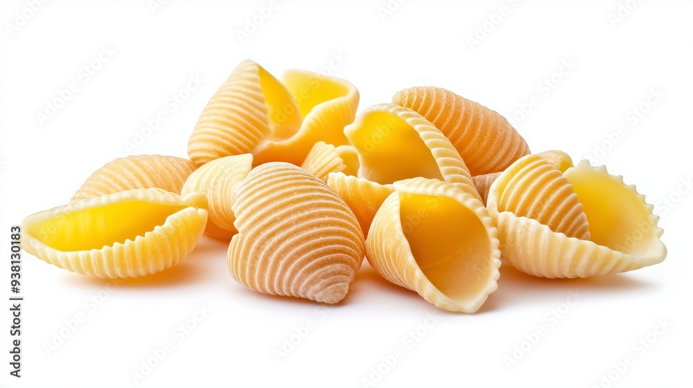 A small pile of uncooked pasta shells, isolated on a white background. A small pile of uncooked pasta shells, isolated on a white background.