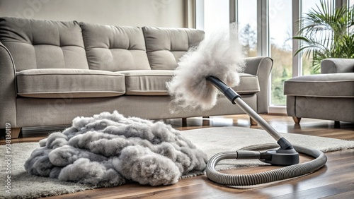 A solitary duster lies amidst a scattered pile of furniture polish and vacuum cleaner cords, surrounded by a haze of dust particles in mid-air. photo