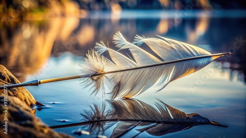 A solitary feather, split and worn, pierces the air, resembling a makeshift arrow, symbolizing vulnerability, resilience, and the power of gentle strength in a harsh environment. photo