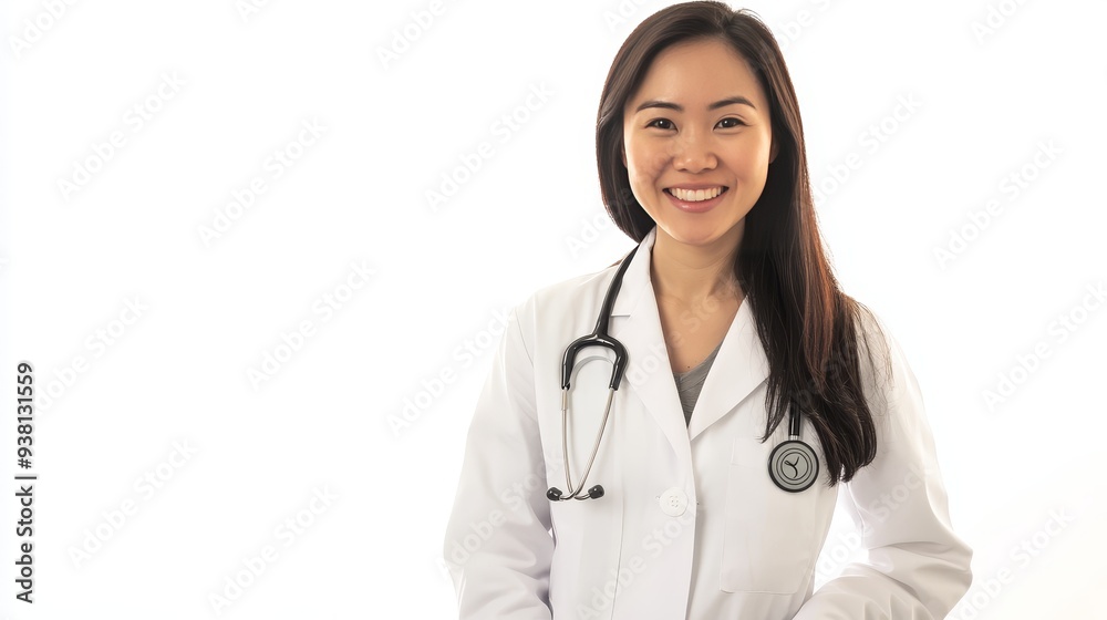 A pretty smiling Asian doctor, a young woman in a white coat A pretty smiling Asian doctor, a young woman in a white coat